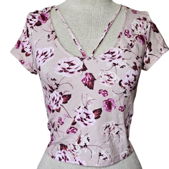 Pink Floral Short Sleeve Crop Top Size Small - Picture 1 of 5